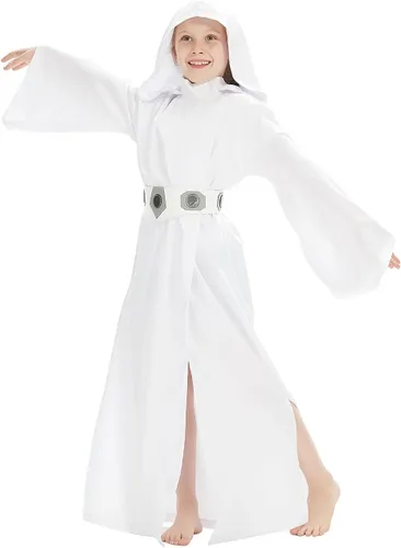 Rodwake Disfraz de princesa Leia para niños, disfraz de cosplay para niñas, túnica blanca con capucha, traje de Halloween para niños