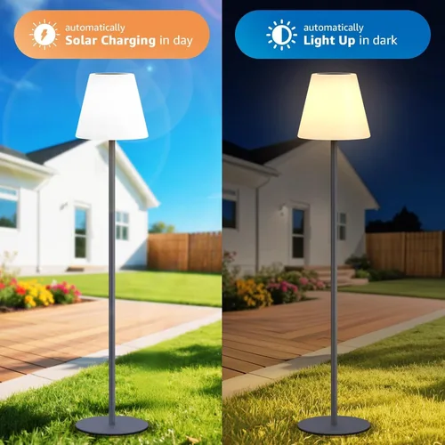 Vista 5 de Lámpara de pie para exteriores recargable por USB y solar Regulable RGB Blanco cálido LED para jardín Patio Redondo Base de 59 pulgadas Gris