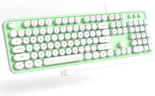Vista 12 de Atelus Teclado USB con cable con retroiluminación de 7 colores, teclado de tamaño completo con teclas retro, teclado numérico y tecla de acceso
