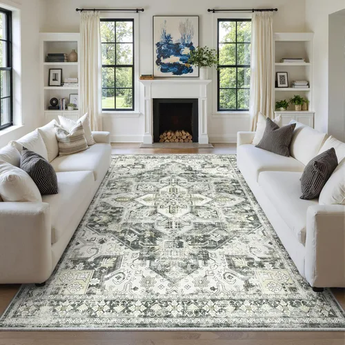 Vista 155 de zesthome Alfombras de área de 5 x 7, lavables a máquina, para sala de estar, dormitorio, resistentes a las manchas, vintage, de gran área, Beige