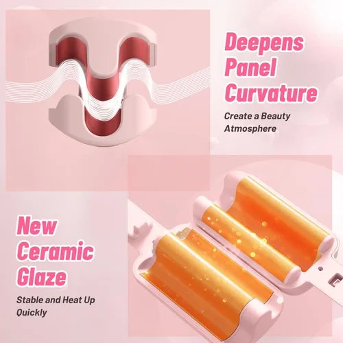 Vista 2 de Deep Beach - Rizador y rizador iónico, rizador de pelo de cerámica de 3 barriles para mujeres de cabello corto (rosa)