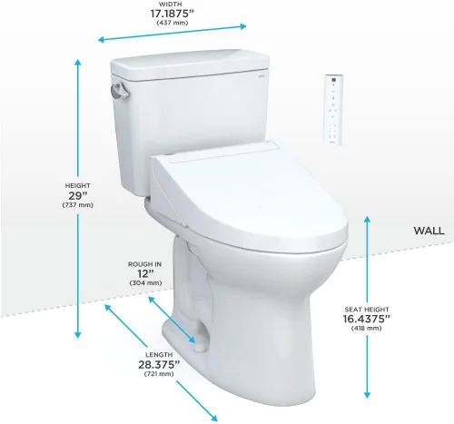 Vista 2 de TOTO Drake WASHLET+ inodoro de dos piezas alargado 1.28 GPF TORNADO FLUSH con asiento bidet C5, color blanco algodón - MW7763084CEG#01