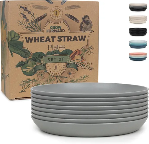 Grow Forward Platos de postre de paja de trigo prémium – Juego de 8 platos de plástico duro reutilizables de 8 pulgadas – Platos irrompibles aptos