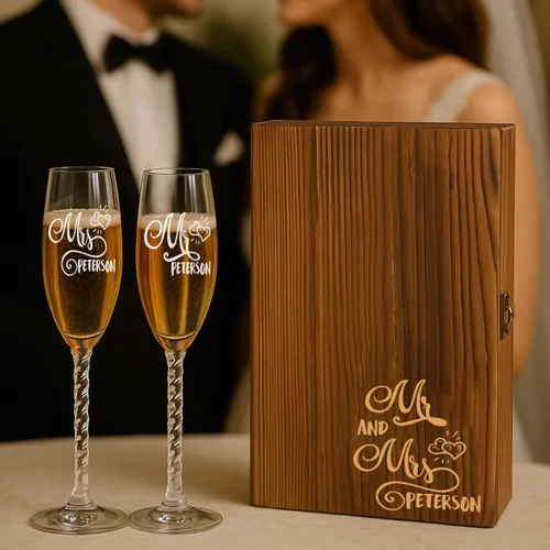 Vista 4 de Mr and Mrs Copas de champán personalizadas, copas de tostadas de boda, copas de vino grabadas con texto en inglés "His Her Her", vasos para parejas