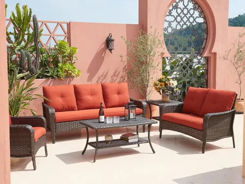 Vista 6 de HUMMUH Mesa de centro de mimbre para patio, mesa de centro de ratán para exteriores con 2 capas de almacenamiento para jardín, porche, patio trasero