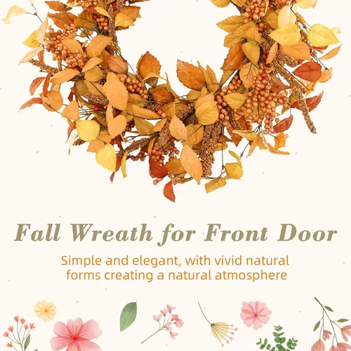 Vista 4 de YNYLCHMX Coronas de otoño de 18 pulgadas para puerta delantera, corona de otoño artificial, corona de puerta de otoño con hojas de eucalipto y sorgo