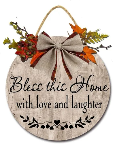 Vista 10 de Bless This Home with Love & Laughter - Letrero de bienvenida para puerta delantera, decoración de porche, corona de granja, decoración de pared