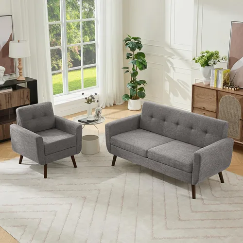 Vista 3 de Tbfit Sofá moderno de mediados de siglo, beige, sofá biplaza y silla decorativa linen fabric, button tufted, solid wood foot, pocket spring, wood