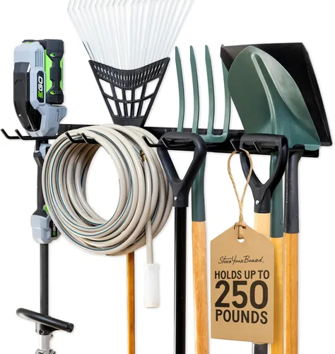 Vista 12 de StoreYourBoard Estante Montado en Pared con 4 Ganchos de Garaje – Soporte de Acero Resistente para Almacenamiento de Garaje y Jardín para Cobertizo