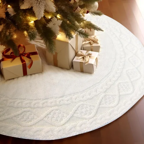 Vista 11 de WBHome - Collar para árbol de Navidad, ajustable de 28 pulgadas, punto de cable, punto grueso rústico, decoración navideña, anillo de árbol de Beige