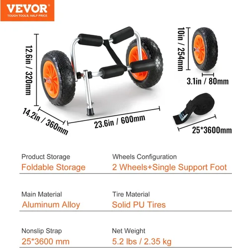 Vista 7 de VEVOR Carrito para Kayak, Capacidad de Carga de 250 libras, Carretilla Plegable para Kayak de Aluminio con Ruedas de Neumáticos Sólidos de 10