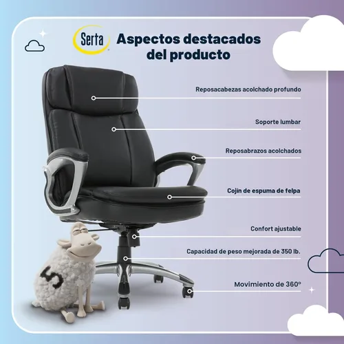 Vista 4 de Serta Fairbanks - Silla de oficina ejecutiva grande y alta, ergonómica, cómoda, con respaldo alto, sillas de computadora con soporte lumbar, cojín