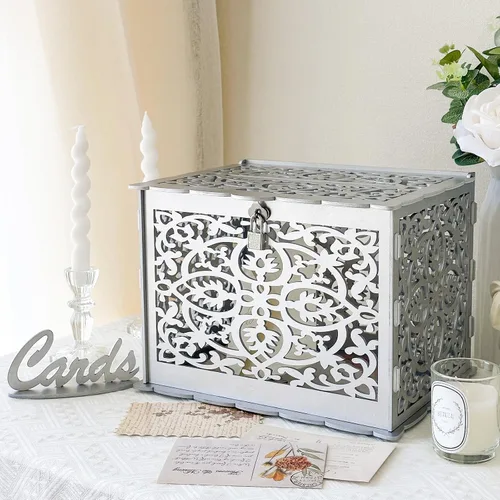 Vista 8 de Caja de tarjetas de boda marrón OurWarm con ventana de acrílico, caja de tarjetas de regalo de madera para decoraciones de recepción de boda, caja