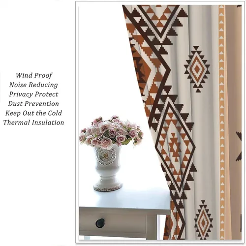 Vista 397 de Cortinas con patrón geométrico tribal, estilo suroeste, azteca, rústico, occidental, nativo americano, opacas, con bolsillo para barra, decoración