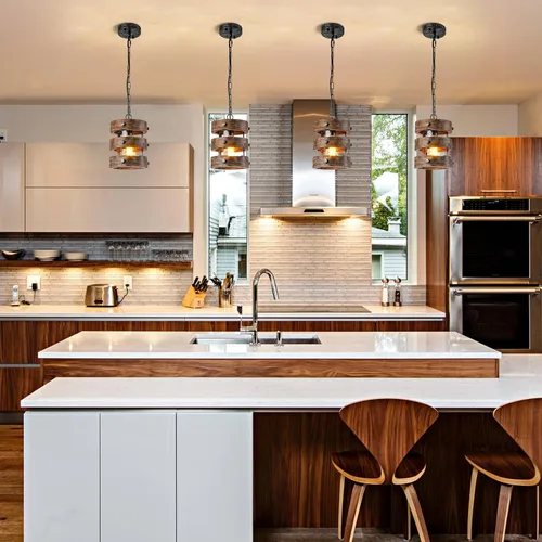 Vista 7 de Paquete de 2 Luces Colgantes de Madera Estilo Granja para Isla de Cocina, Accesorios de Iluminación para Comedor sobre Mesa, Lámpara de Araña