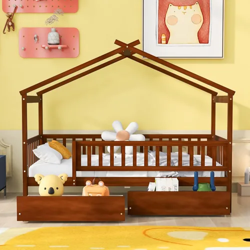 Vista 10 de Merax Cama de madera de tamaño individual con dos cajones, marco de cama de madera con techo para niños, adolescentes, niños o niñas, gris