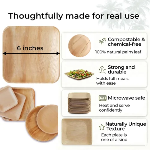 Vista 2 de Indie Palm Platos cuadrados desechables de hoja de palma de 6 pulgadas, alternativa compostable resistente, biodegradable a platos de bambú o platos