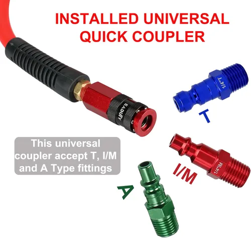 Vista 4 de Manguera de aire híbrida de entrada de 1/4 pulg. x 3 m, manguera de compresor de aire ligera, flexible y duradera con acoplador rápido universal