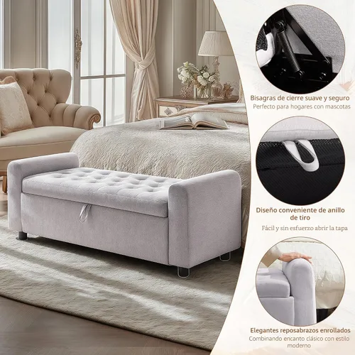 Vista 7 de 48" Ottoman with Storage, Tufted Storage Ottoman Bench, Convenient Living Room Fabrics Bench Seat, Entryway Shoe Benches with Inner Zipper & Arm