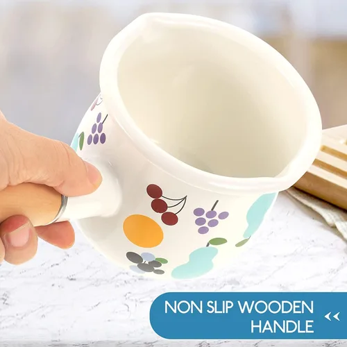 Vista 5 de Olla de leche esmaltada de 16.9 fl oz, mini cacerola antiadherente, calentador de mantequilla con mango de madera pequeños utensilios de cocina