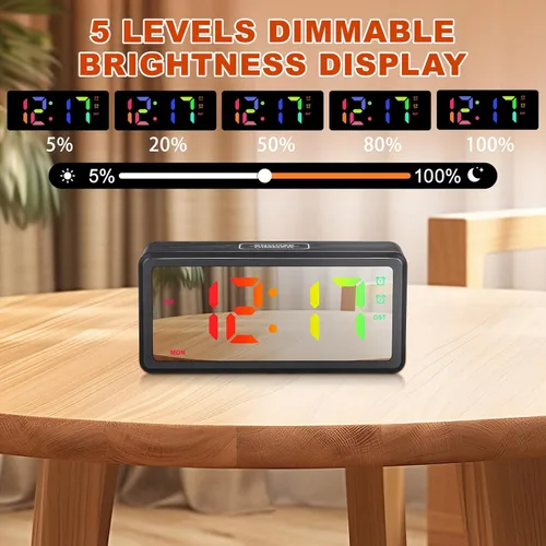 Vista 3 de KESYOO Modern LED Wood Grain Alarm Clock with RGB Mood Lighting Manual DST Adjustment Digital Display for Bedroom and Office Tabletop Stylish