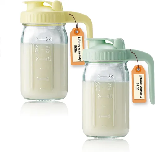 Vista 17 de Jarra de vidrio de 32 onzas con tapa y boquilla de vertido en forma de V, jarra de leche materna de 1 cuarto de galón, doble a prueba de fugas