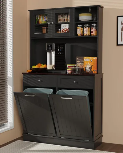 Gabinete de basura doble con cajones de almacenamiento inclinables de 20 galones con dos cajones ocultos de madera maciza para basura, gabinetes de