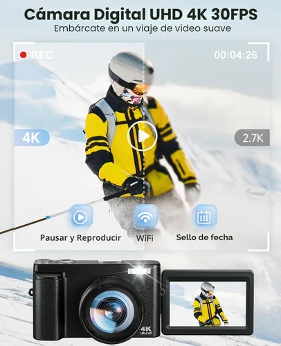 Vista 2 de Cámara digital 4K para fotografía, cámara de vlogging WiFi de 64MP para YouTube con enfoque automático, pantalla giratoria de 180° de 3", cámaras