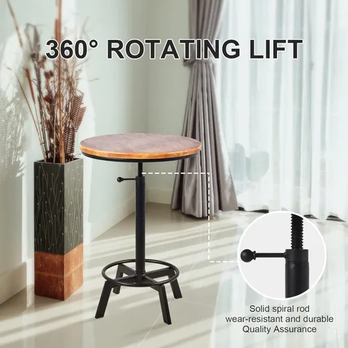 Vista 5 de Juego de mesa y sillas de bar industriales, 3 piezas, mesa de pub vintage con taburetes, parte superior giratoria de madera, altura ajustable