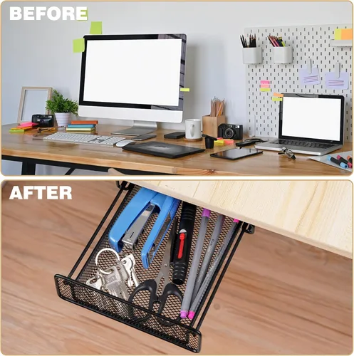 Vista 2 de Infankey Under Desk Drawer Hanging Storage Organizer Slide Out,Black Metal Hidden Desktop Organizer, Attachable Pen Holder for Office Home Closet