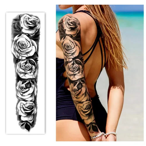 Vista 5 de Tatuaje temporal de brazo completo, 8 hojas y tatuajes de hombro medio brazo, 10 hojas, impermeables, extra grandes, duraderas, calcomanías