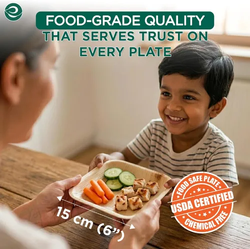 Vista 2 de ECO SOUL Platos de Hoja de Palma de 6" Cuadrados (50 Unidades) – Desechables, Ecológicos, Platos de Aperitivo de Bambú Biodegradables – Vajilla