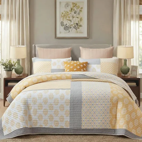 Vista 13 de KALOOLA - Juego de ropa de cama con colcha acolchada de retazos tamaño queen, 100% algodón, colcha ligera con 2 fundas de almohada, colcha
