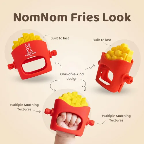 Vista 5 de Juguetes de dentición para bebés de papas fritas – Mitón de dentición, juguete masticable para bebés, mordedores para bebés de 3 a 6 meses y 6 a 12