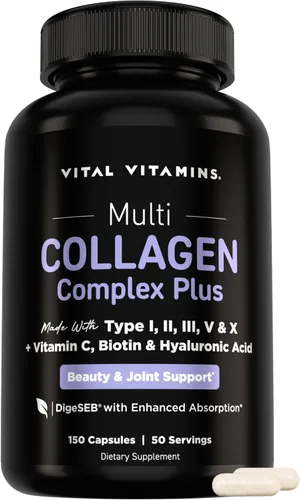 Vital Vitamins Multi Collagen Plus - Biotina, ácido hialurónico, vitamina C - Colágeno para mujeres y hombres - Suplemento de apoyo al crecimiento