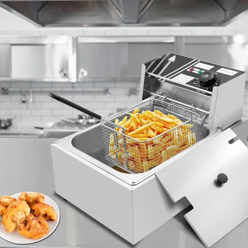 Vista 7 de Freidora comercial, freidora eléctrica de encimera de 2500 W con canasta, freidora de aceite de acero inoxidable de 11.4 cuartos de galón