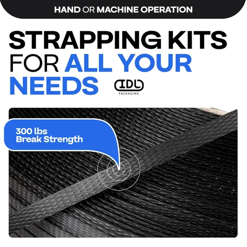 Vista 3 de IDL Packaging Kit de flejado de polietileno (PP) de grado industrial de 1/2 pulgada x 200 pies, resistencia a la rotura de 300 libras, solución