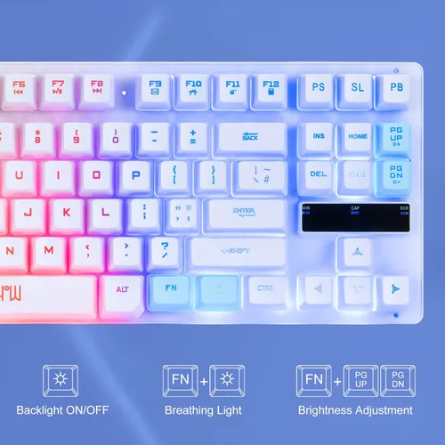 Vista 3 de CHONCHOW TKL - Teclado para juegos con cable de 87 teclas, retroiluminación LED arcoíris, teclado blanco y mouse 3200DPI Combo compatible con PC