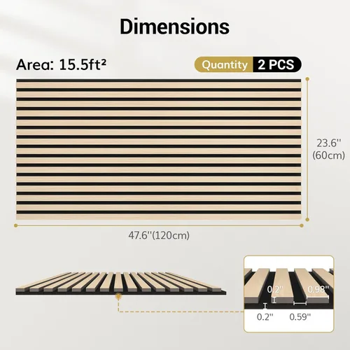 Vista 3 de TONOR Paneles acústicos de madera para decoración de pared interior, paquete de 2 paneles acústicos de listones de madera de 47.2 x 23.6 pulgadas