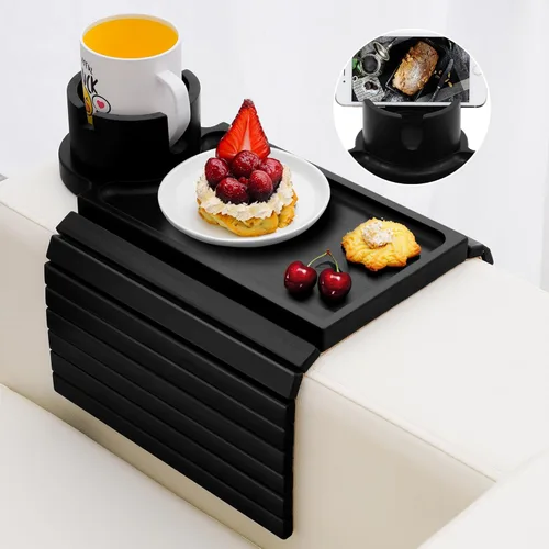 Vista 11 de Bandeja Portavasos para Sofá - Mesa de Brazo de Sofá 3 en 1 con Soporte Giratorio de 360° para Teléfono, Bandeja de Brazo de Sofá Plegable para Mesa