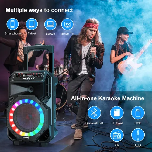 Vista 8 de Máquina de karaoke con 2 micrófonos inalámbricos, ruedas giratorias y carrito – Altavoz Bluetooth portátil de 8800 mAh, sistema PA con luces, graves