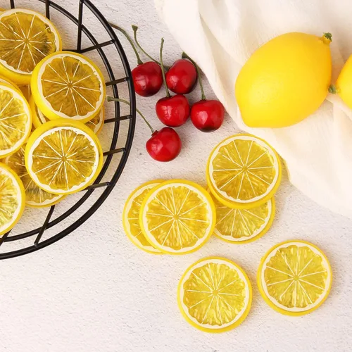 Vista 6 de 20 piezas de mini rebanadas de imitación de frutas de limón, modelo de fruta artificial falsa de plástico, adorno decorativo de boda, decoración