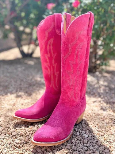 Vista 2 de Botas vaqueras bordadas para mujer, tacón grueso, botas occidentales, costuras clásicas, botas de media pantorrilla