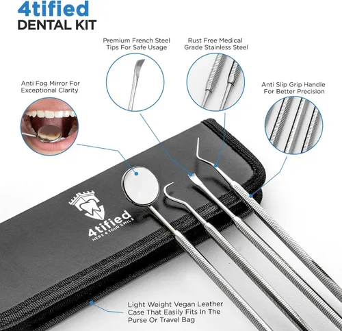Vista 5 de 4tified Herramientas dentales Kit de higiene 4 piezas de acero inoxidable francés profesional limpieza de dientes uso doméstico placa eliminación