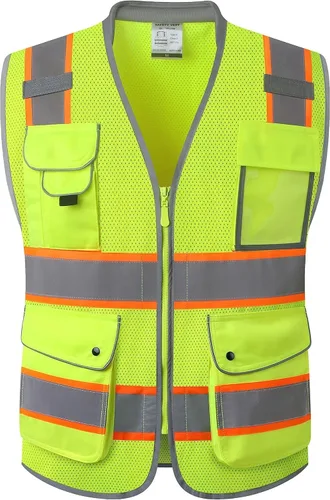 Vista 37 de JKSafety Chaleco de seguridad frontal con cremallera de alta visibilidad Clase 2 de 9 bolsillos con tiras reflectantes, cumple con las normas