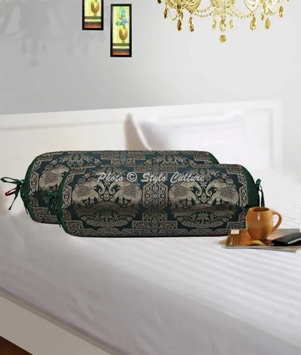 Fundas de almohada decorativas cilíndricas de brocado jacquard de seda para Diwan, juego de fundas de almohada tubulares de polidupión de elefante