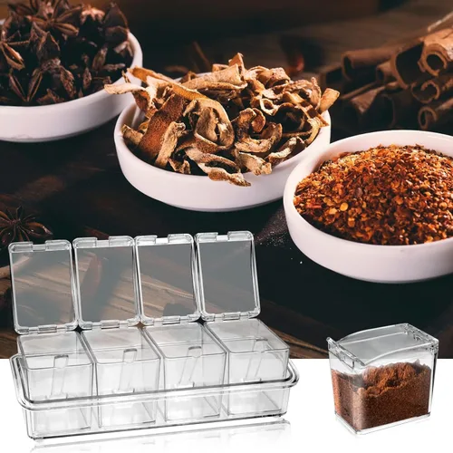 Vista 4 de Caja de condimentos transparente, 4 piezas de recipientes para especias con tapa y cuchara, recipientes de acrílico para condimentos con tapa
