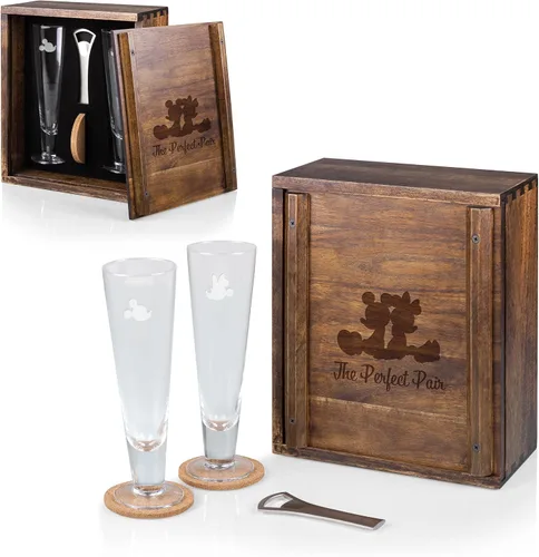 Vista 5 de PICNIC TIME Disney - Juego de vasos de regalo de Mickey Mouse y Minnie Mouse, cristalería grabada de 12 onzas con abrebotellas de madera de acacia