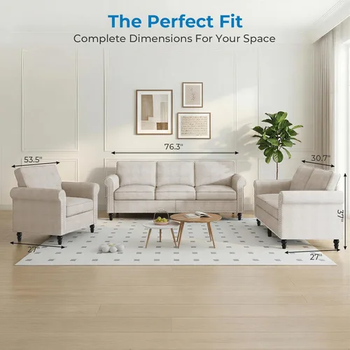 Vista 2 de Mjkone Juego de Sofá de Sala de 3 Piezas, Sofá Seccional Moderno y Sofá de Dos Plazas y Sillón, Patas de Madera en Forma de Calabaza y Tela de Lino