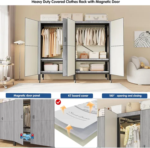 Vista 6 de Perchero de ropa resistente cubierto con puerta magnética de 1500LBS, armario portátil plegable para colgar ropa, perchero enrollable de metal negro